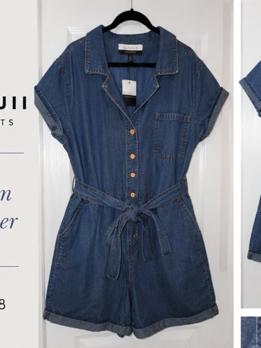 NWT Eloquii Elements Denim Romper Tie Waist Button Front Utility Size 28